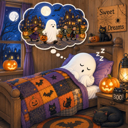 Sweet Dreams Halloween metal sign featuring a sleeping ghost dreaming of trick-or-treating with pumpkins, black cats, and a cozy Halloween bedroom. Exclusive Trendy Tree Design. SKU TTE-528.