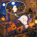 Sweet Dreams Halloween metal sign featuring a sleeping ghost dreaming of trick-or-treating with pumpkins, black cats, and a cozy Halloween bedroom. Exclusive Trendy Tree Design. SKU TTE-528.