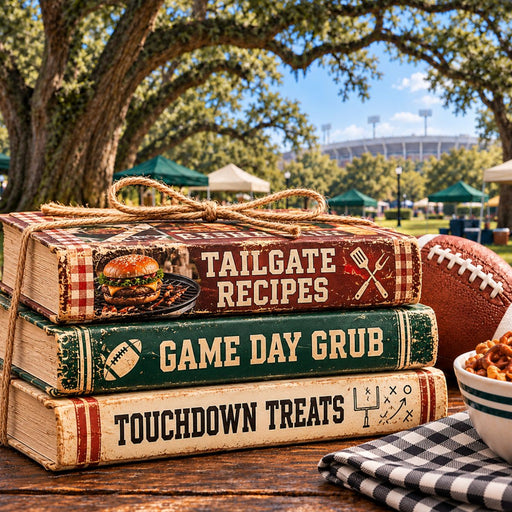 Tailgate recipe book stack with football and stadium scene on metal sign TTE-820
