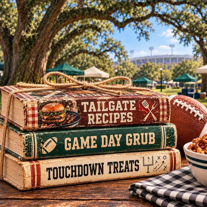 Tailgate recipe book stack with football and stadium scene on metal sign TTE-820