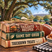 Tailgate recipe book stack with football and stadium scene on metal sign TTE-820