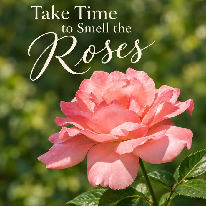 Flat metal sign with Take Time to Smell the Roses lettering above a large pink rose against a soft green garden background, TTE-896.