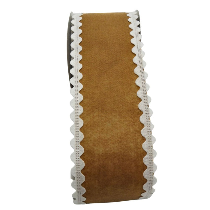 4-inch tan felt wired ribbon with white ric rac edges on a 10-yard roll, perfect for gingerbread-themed Christmas wreaths and bows.