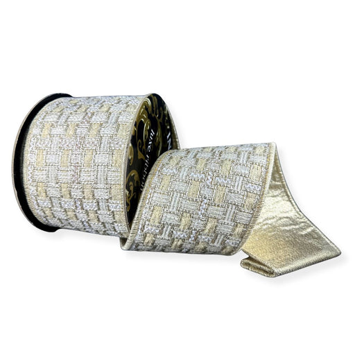 Tan and ivory thick thatched tweed wired ribbon with champagne metallic backing, 4 inches by 5 yards.