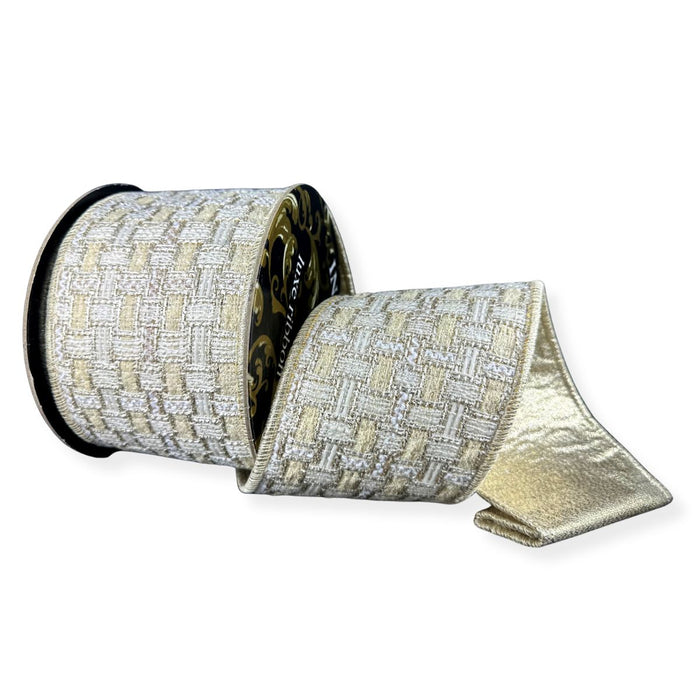 Tan and ivory thick thatched tweed wired ribbon with champagne metallic backing, 4 inches by 5 yards.