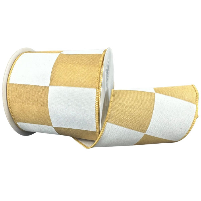 Tan and white Jordan check muslin linen ribbon, 4 inch wide wired ribbon for wreath making, bows, and seasonal home decor from Trendy Tree
