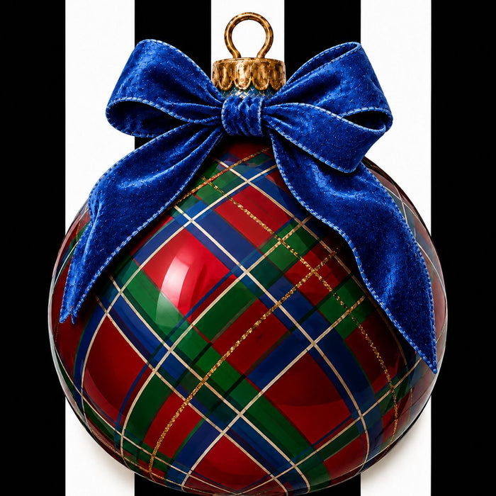 10 x 10 metal Christmas wreath sign featuring a printed tartan plaid ornament design with royal blue velvet bow.