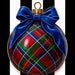 10 x 10 metal Christmas wreath sign featuring a printed tartan plaid ornament design with royal blue velvet bow.