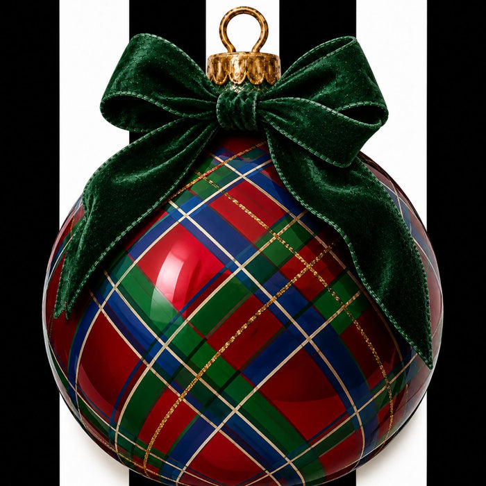 10 x 10 metal Christmas wreath sign featuring a printed tartan plaid ornament design with dark green velvet bow.