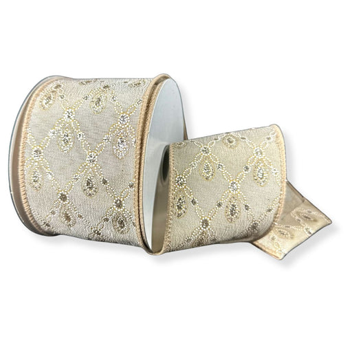 Taupe metallic satin wired ribbon with gold and white diamond lattice design and sparkling jewel-like accents.