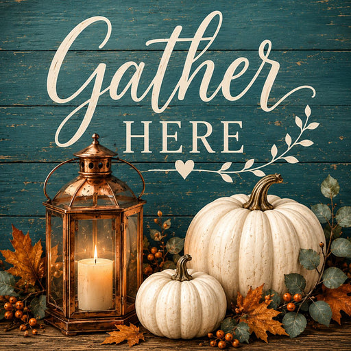 Teal Gather Here fall metal sign featuring a vintage lantern, white heirloom pumpkins, autumn leaves, berries, and a rustic wood background. Exclusive Trendy Tree Design. SKU TTE-527.