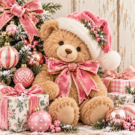 Brown teddy bear wearing a pink Santa hat and pink velvet bow, surrounded by pink Christmas ornaments, wrapped presents, and snowy greenery. Flat metal sign TTE-869.