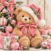 Brown teddy bear wearing a pink Santa hat and pink velvet bow, surrounded by pink Christmas ornaments, wrapped presents, and snowy greenery. Flat metal sign TTE-869.