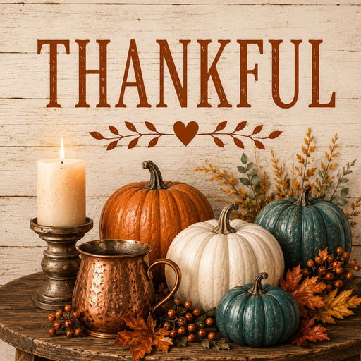 Thankful fall metal sign featuring heirloom pumpkins, a hammered copper mug, a glowing candle, autumn foliage, and rustic wood background. Exclusive Trendy Tree Design. SKU TTE-533.