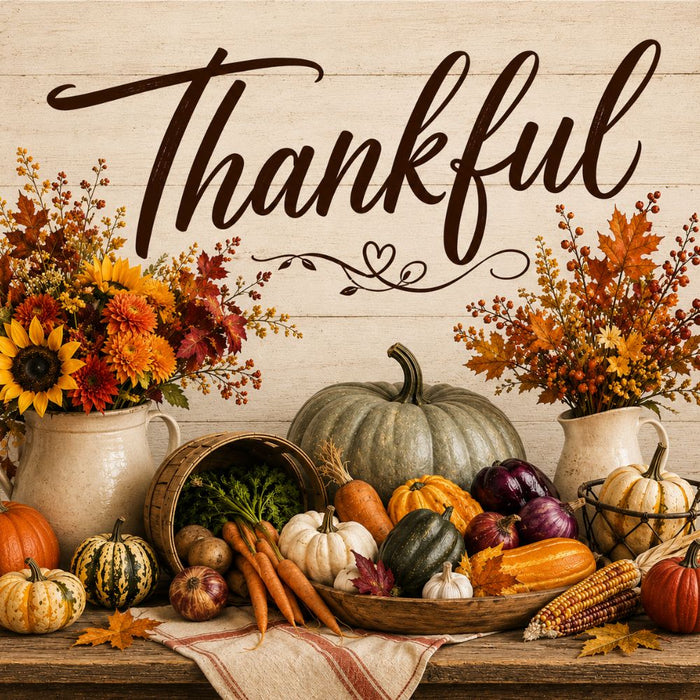 10 x 10 metal fall wreath sign featuring pumpkins, fresh harvest vegetables, autumn flowers, and the word "Thankful." Exclusive Trendy Tree Design for deco mesh wreaths, grapevine wreaths, or framing. SKU TTE-511.