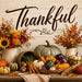 10 x 10 metal fall wreath sign featuring pumpkins, fresh harvest vegetables, autumn flowers, and the word "Thankful." Exclusive Trendy Tree Design for deco mesh wreaths, grapevine wreaths, or framing. SKU TTE-511.
