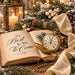 Flat metal sign TTE-891 featuring an open book with The Best Is Yet to Come lettering, vintage gold pocket watch, glowing candle lantern, snowy evergreen branches, white berries, pinecones, and champagne ribbon.