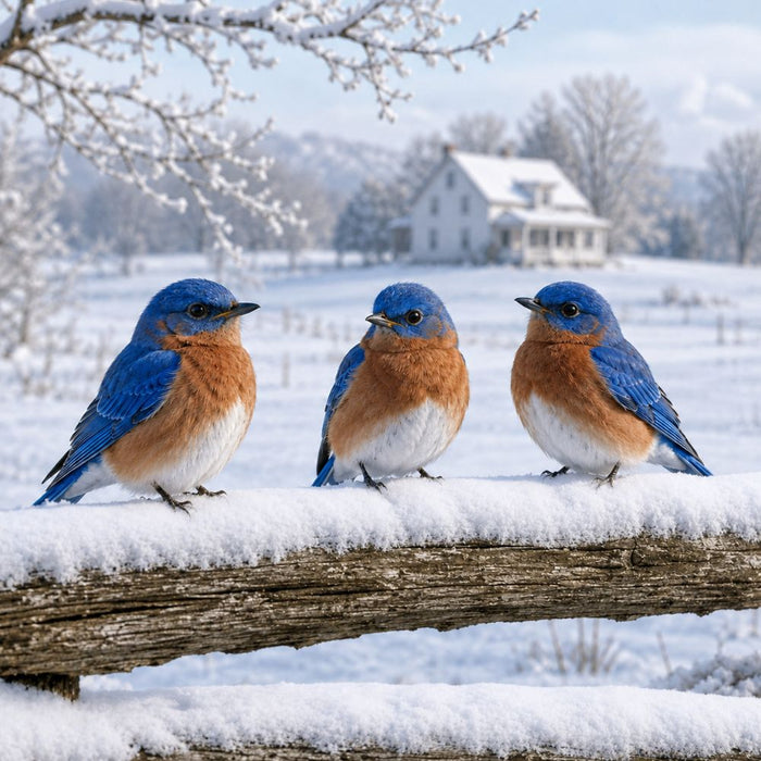 Three bluebirds perched on a snowy branch with a white farmhouse and winter landscape in the background