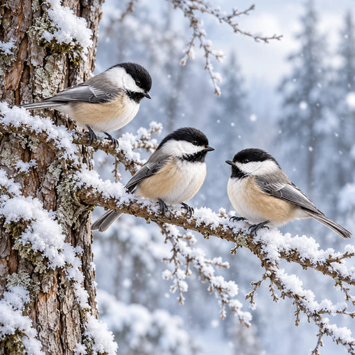 Three black-capped chickadees perched on snow-covered tree branches beside a rustic tree trunk, with falling snow and a soft blue winter woodland background. Flat metal winter wreath sign TTE-878.