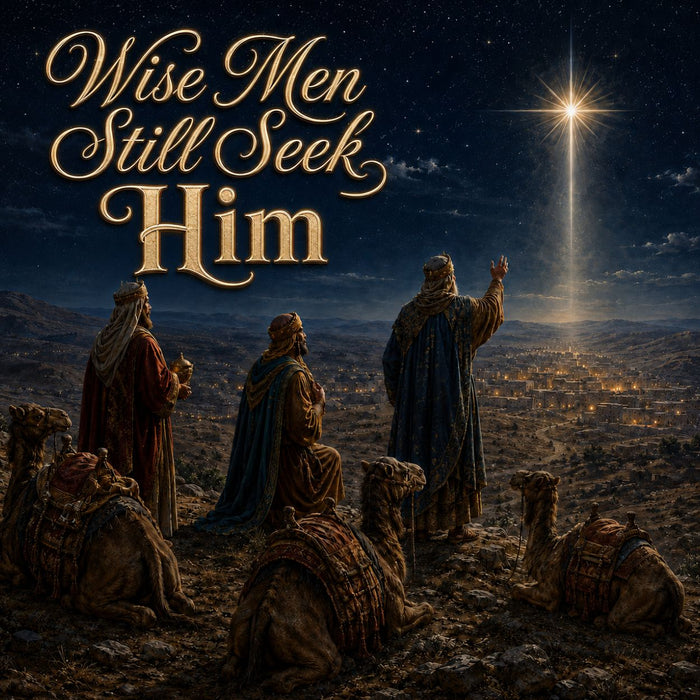 Three wise men and camels following the glowing Bethlehem Star beneath the words Wise Men Still Seek Him