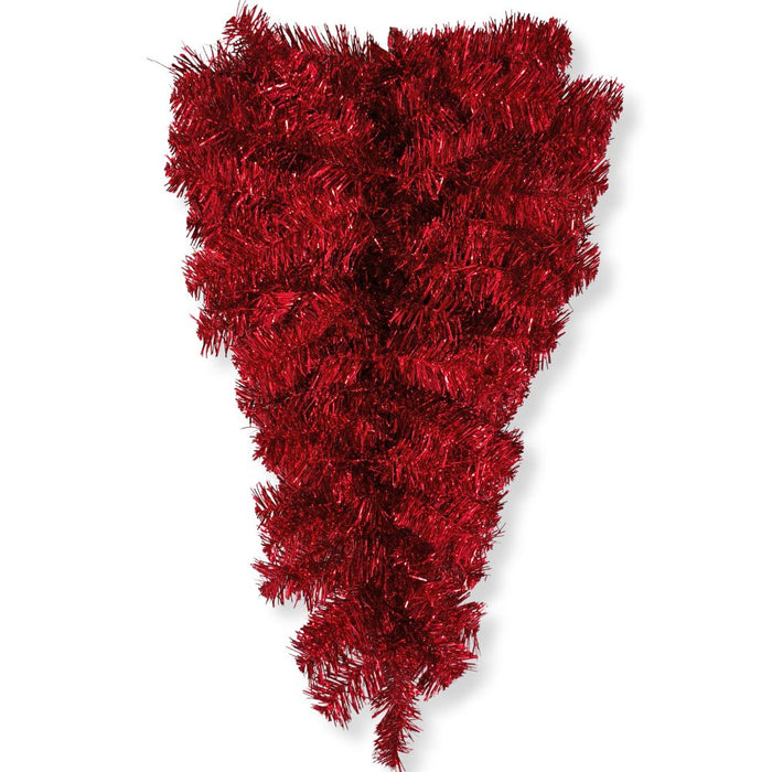 A 30" Red Tinsel Christmas Teardrop Swag (model 85222-RD) is displayed upside down against a white background. Its shiny, thick, and dense branches form a sharp V shape, making it a striking and unique option for festive holiday door décor.