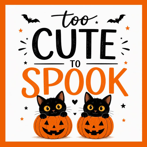 Too Cute to Spook Halloween metal sign featuring two black kittens peeking from smiling jack-o'-lanterns with bats and playful Halloween lettering. Exclusive Trendy Tree Design. SKU TTE-560.