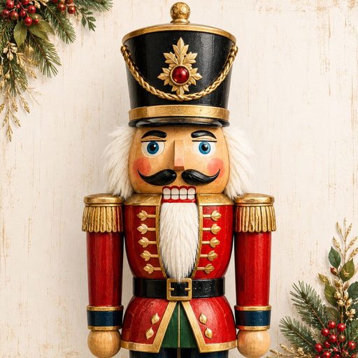 Traditional Christmas nutcracker portrait metal sign featuring a classic red, green, and gold nutcracker with holiday greenery and berries. Exclusive Trendy Tree Design. SKU TTE-532.