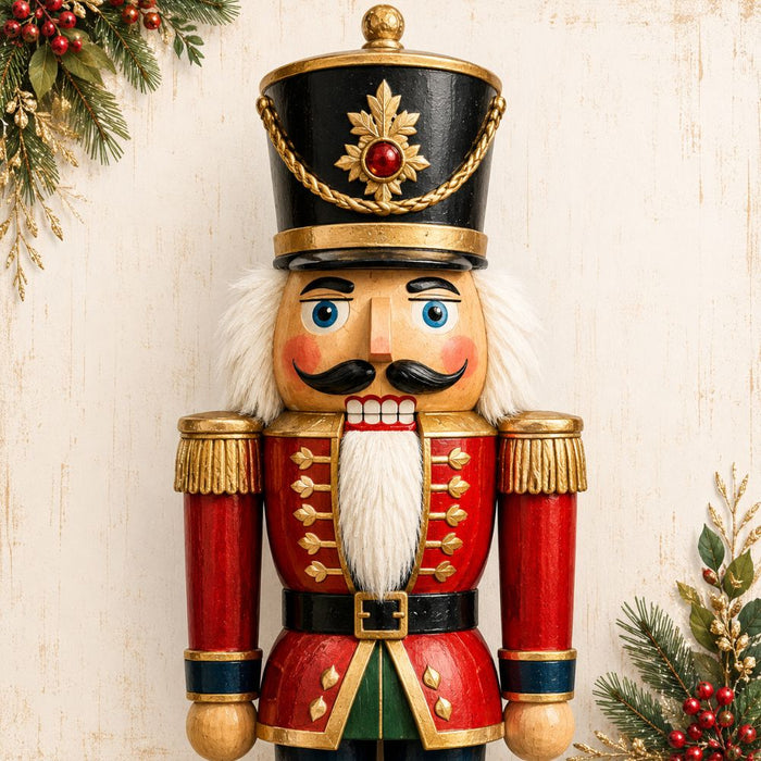 Traditional Christmas nutcracker portrait metal sign featuring a classic red, green, and gold nutcracker with holiday greenery and berries. Exclusive Trendy Tree Design. SKU TTE-532.