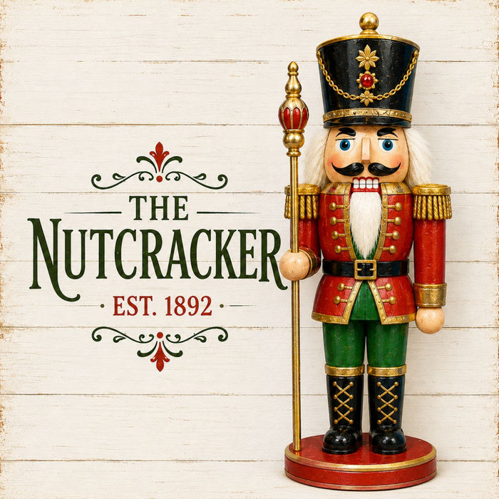 Traditional Christmas nutcracker metal sign featuring a classic red, green, and gold nutcracker with "The Nutcracker Est. 1892" on a vintage white wood background. Exclusive Trendy Tree Design. SKU TTE-529.