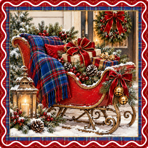 Vintage red Christmas sleigh filled with wrapped gifts, evergreen greenery, red velvet bows, and blue tartan plaid blanket beside a glowing lantern, framed by a red and blue plaid border on Trendy Tree metal sign TTE-829.