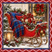 Vintage red Christmas sleigh filled with wrapped gifts, evergreen greenery, red velvet bows, and blue tartan plaid blanket beside a glowing lantern, framed by a red and blue plaid border on Trendy Tree metal sign TTE-829.
