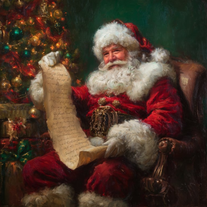 The 10" x 10" Traditional Santa with Naughty or Nice List Sign (TTE-340) features Santa in his classic red suit, smiling as he holds a long list beside a festive Christmas tree, surrounded by holiday presents.