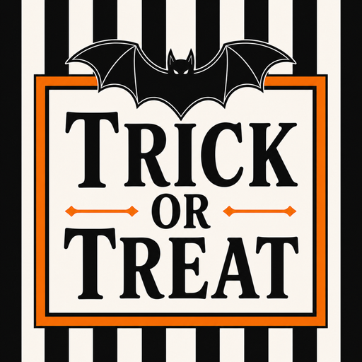 TTE-472 Trick or Treat Bat Halloween metal sign featuring bold black and white stripes, orange border accents, and a large black bat above the Trick or Treat sentiment.