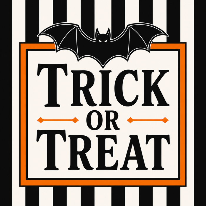 TTE-472 Trick or Treat Bat Halloween metal sign featuring bold black and white stripes, orange border accents, and a large black bat above the Trick or Treat sentiment.