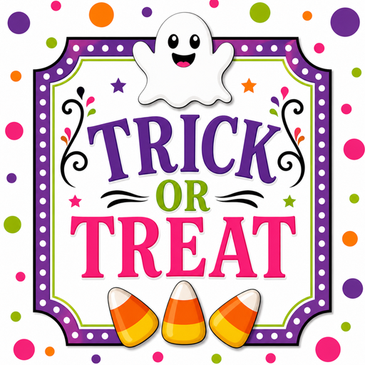 TTE-473 Trick or Treat Bright Halloween Colors metal sign featuring a smiling ghost, candy corn, and vibrant pink, purple, lime green, and orange accents on a white background.