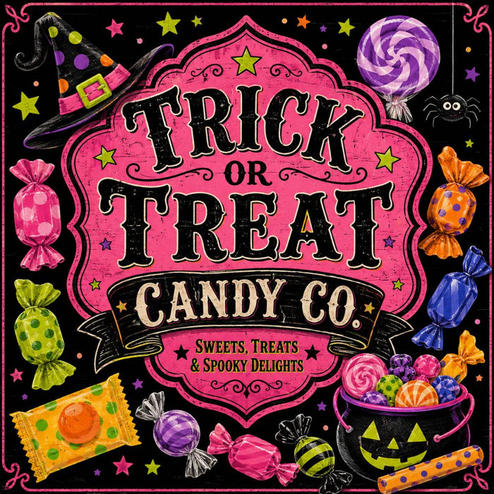 Trick or Treat Candy Co 10 inch Halloween metal sign with colorful candy, lollipops, witch hat and jack-o'-lantern candy bucket, TTE-652.