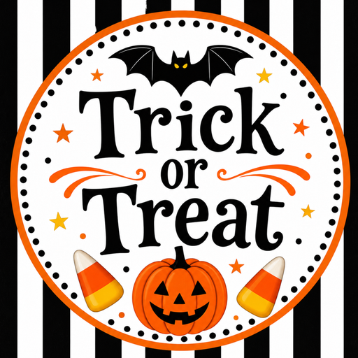 TTE-471 Trick or Treat Pumpkin & Candy Corn metal sign featuring black and white stripes, orange jack-o'-lantern, candy corn, stars, and a black bat.