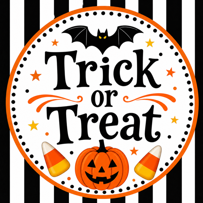 TTE-471 Trick or Treat Pumpkin & Candy Corn metal sign featuring black and white stripes, orange jack-o'-lantern, candy corn, stars, and a black bat.