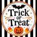 TTE-471 Trick or Treat Pumpkin & Candy Corn metal sign featuring black and white stripes, orange jack-o'-lantern, candy corn, stars, and a black bat.