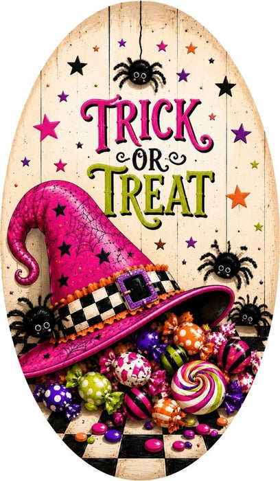 Trick or Treat 7 x 12 inch oval Halloween metal sign with hot pink witch hat, colorful candy, lollipops, spiders and black white check accents, TTE-654.
