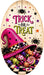 Trick or Treat 7 x 12 inch oval Halloween metal sign with hot pink witch hat, colorful candy, lollipops, spiders and black white check accents, TTE-654.