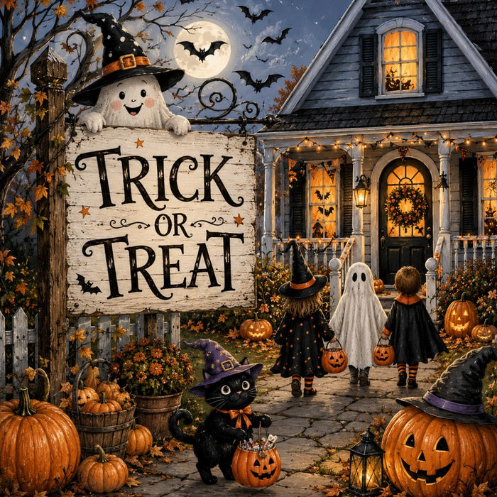 Trick or Treat 10 inch Halloween metal sign with ghosts, black cat, trick-or-treaters, witch hats, pumpkins and jack-o'-lanterns, TTE-647.