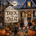 Trick or Treat 10 inch Halloween metal sign with ghosts, black cat, trick-or-treaters, witch hats, pumpkins and jack-o'-lanterns, TTE-647.