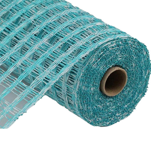A close-up of the 10 Two-Tone Poly Burlap Check Mesh RP8153m3 shows its turquoise and white checked open mesh with a visible cardboard core, ideal for crafts and wreath making.