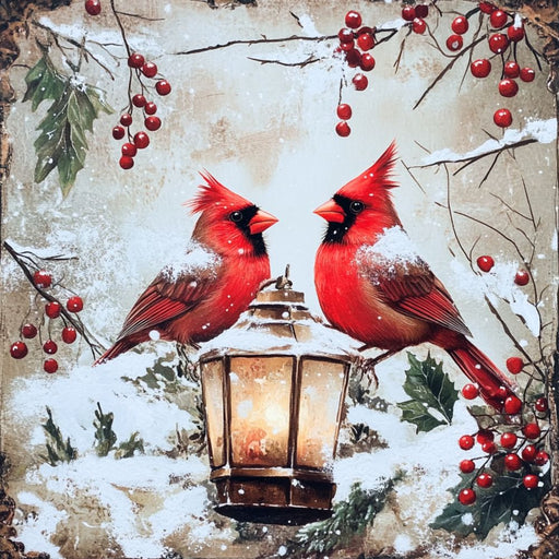 Two bright red cardinals perch on a snow-covered lantern surrounded by holly branches and red berries, as snow gently falls around them. This festive winter scene, captured on the Two Cardinals Winter Lantern Metal Sign TTE-009, adds holiday warmth and vintage charm to your home—perfect as red cardinal décor or a delightful seasonal accent.