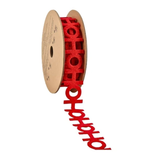 Roll of red unwired ultrasonic Christmas trim featuring repeating HO HO HO cutout lettering, 1 inch by 10 yards, SKU 6050-250-25E.