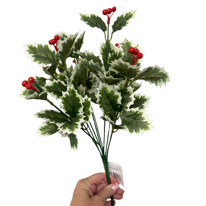 Variegated green and white holly bush with red berries, 10 stems, 15.75 inches.