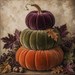 TTE-476 Velvet Pumpkin Stack Fall Metal Sign featuring three stacked velvet-look pumpkins in plum purple, olive green, and rust orange surrounded by autumn leaves, berries, and acorns on a textured neutral background.