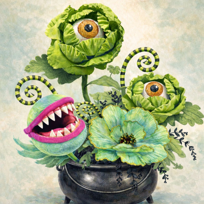 Halloween metal sign with a Venus flytrap, eyeball flowers, whimsical greenery and black cauldron.