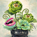 Halloween metal sign with a Venus flytrap, eyeball flowers, whimsical greenery and black cauldron.